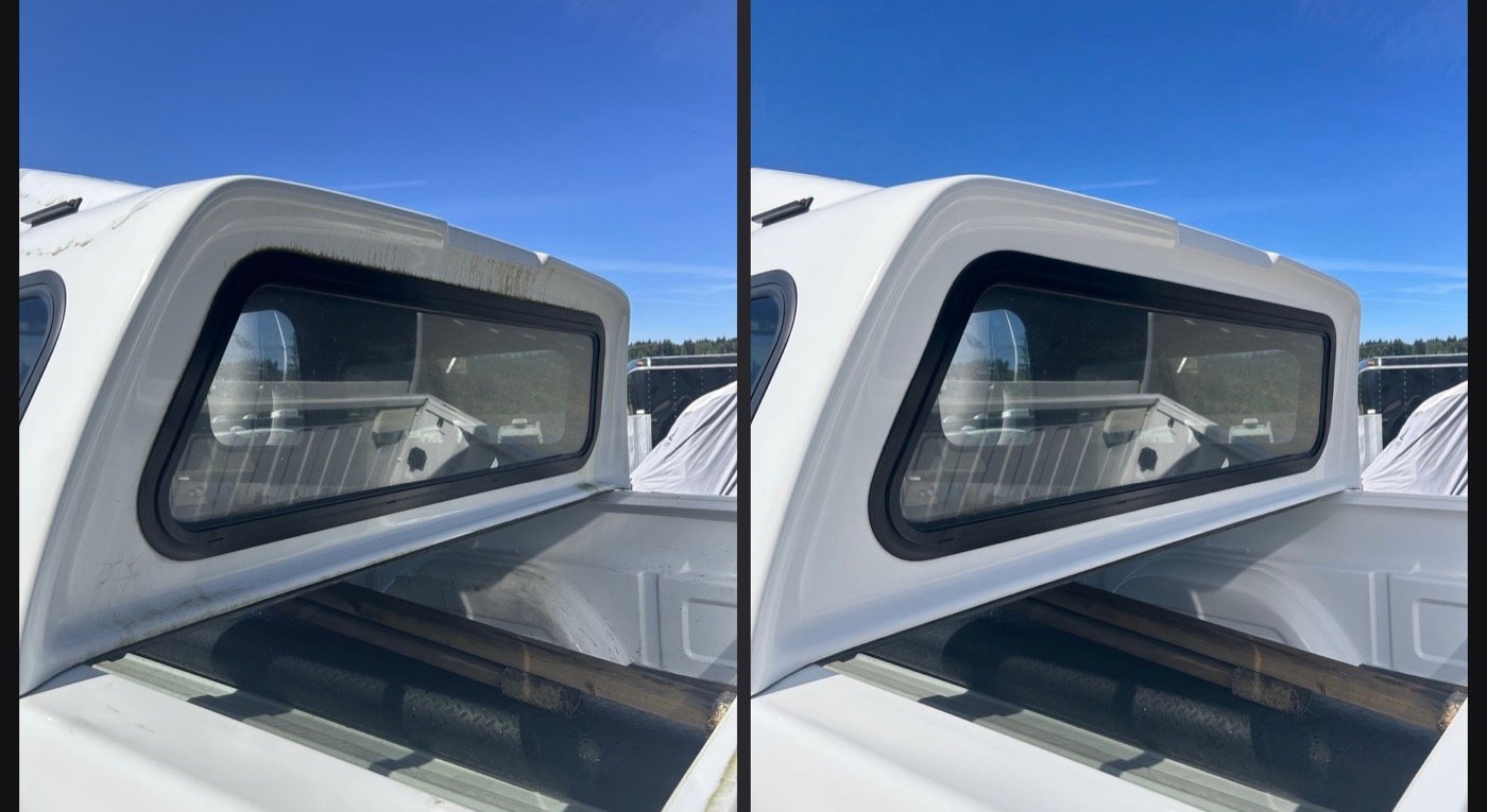 Truck canopy before and after exterior wash and polish