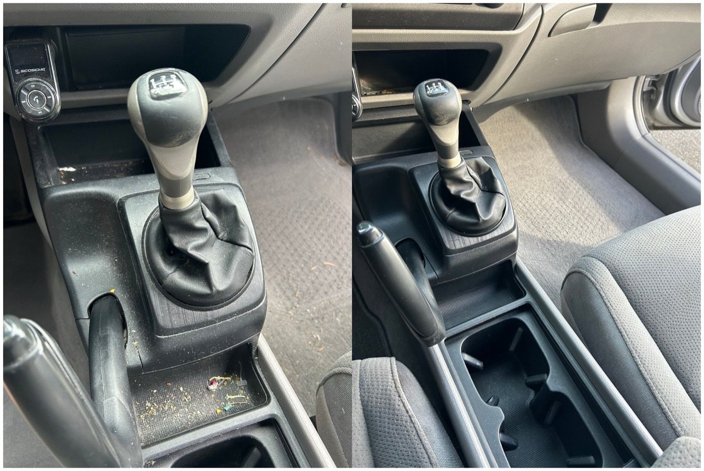 Car center console and shifter before and after interior clean