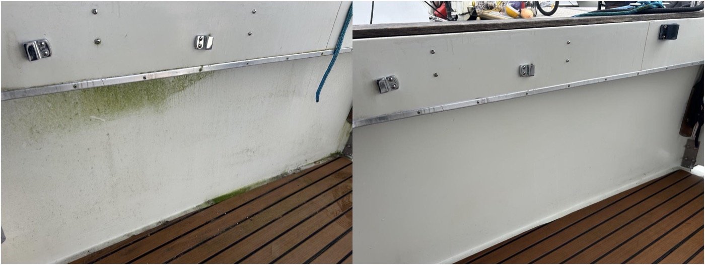 Boat hull sidewall before and after algae removal