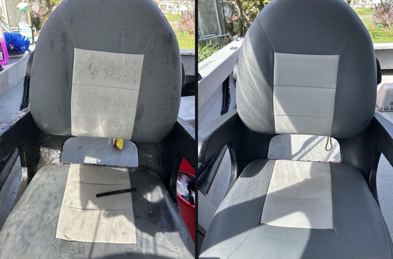 Boat helm seat before and after vinyl deep clean