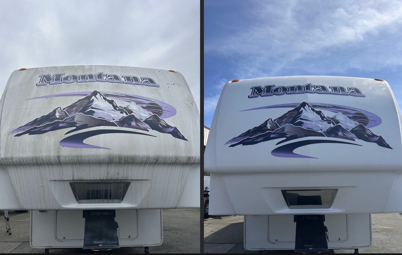 RV front cap before and after full oxidation removal and gelcoat polish