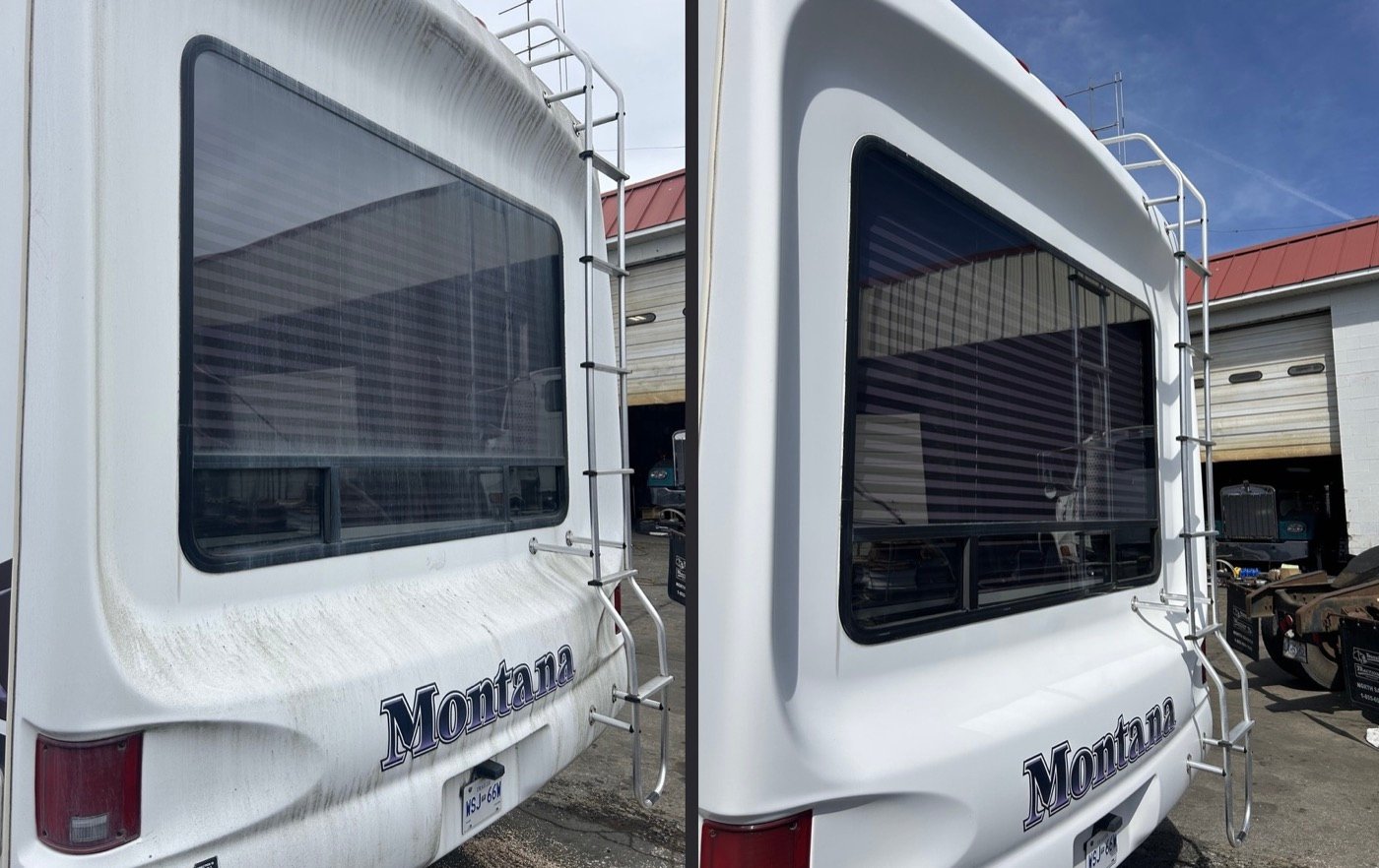 RV rear cap before and after oxidation removal and polish